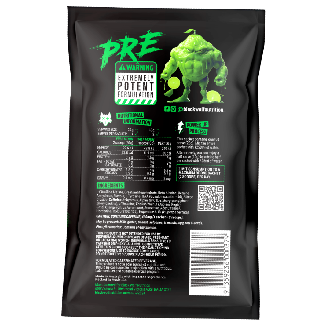Black Wolf Nutrition Pre Sachet 20g Radioactive Lime - 10 Pack