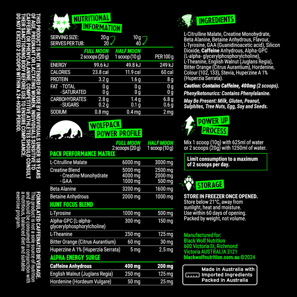 Black Wolf Nutrition Pre-Workout 40 Serve Radioactive Lime Cordial