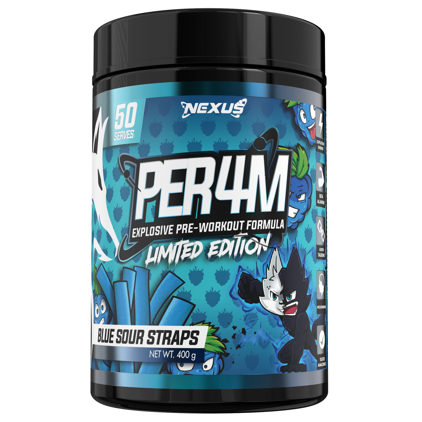 NEXUS Perf4m Pre Workout 50 serve Blue Sour Straps