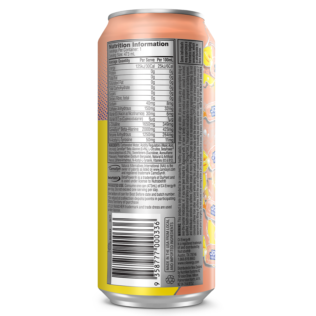 C4 Carbonated RTD 473ml Jolly Rancher Peach - 12 Pack