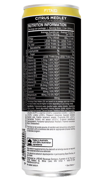 Nutrition information label on a can with citrus medley flavor