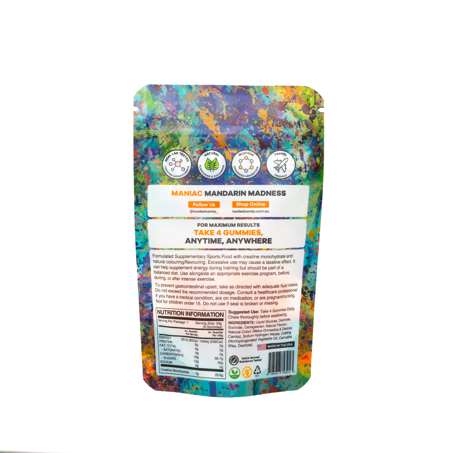 Loaded Candy Creatine Gummies Single Serve Maniac Mandarin - 10 Pack