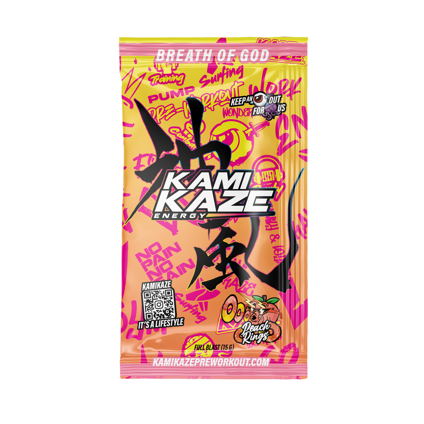 Kamikaze Pre Workout Sachet 14.5g Peach Rings - 10 Pack