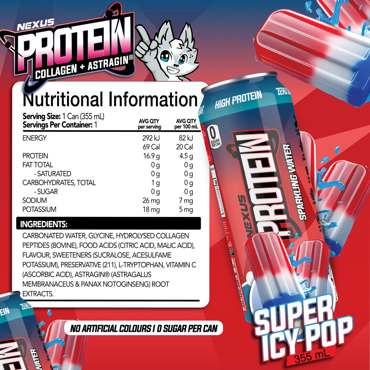 NEXUS Super Protein Sparkling Water 355ml Super Icy Pop - 12 Pack
