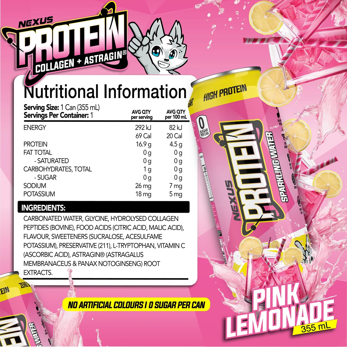 NEXUS Super Protein Sparkling Water 355ml Pink Lemonade - 12 Pack