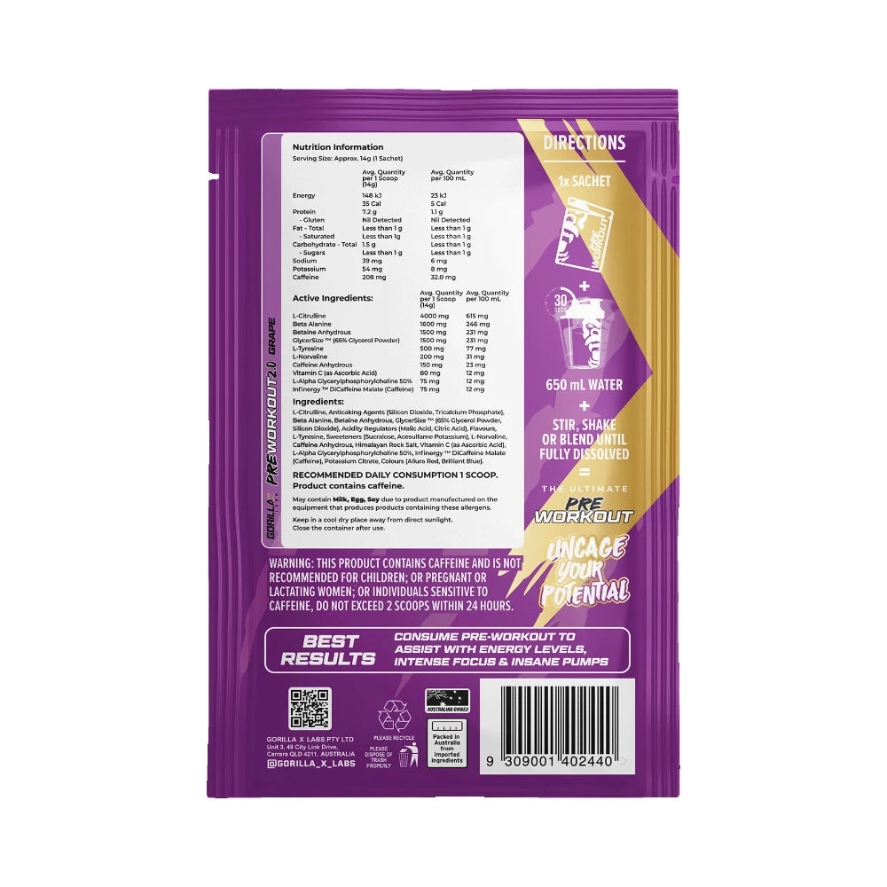 Gorilla X Labs Pre-Workout Sachet Grape - 10 pack