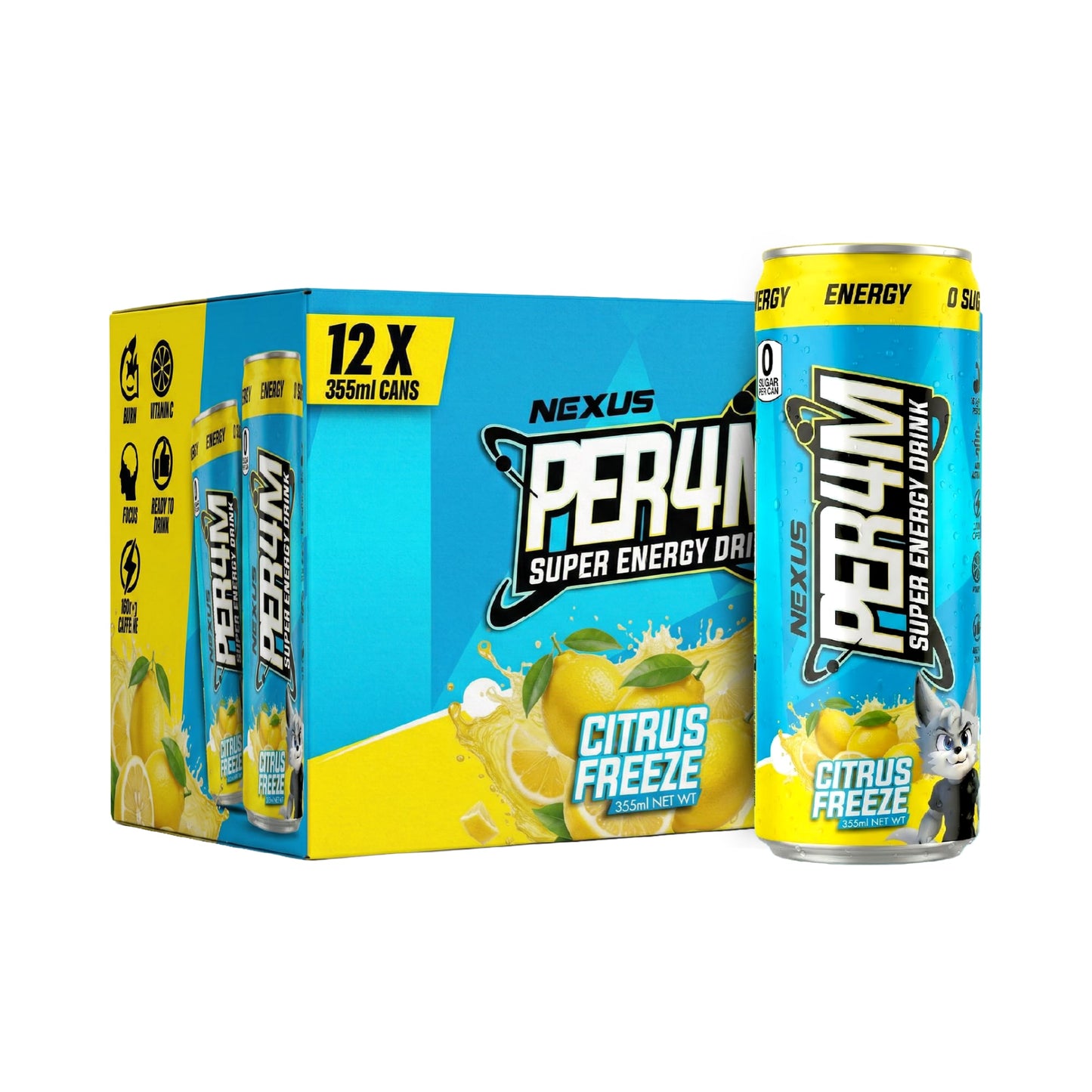 NEXUS Per4m Carbonated Super Energy Drink 355ml Citrus Freeze - 12 Pack
