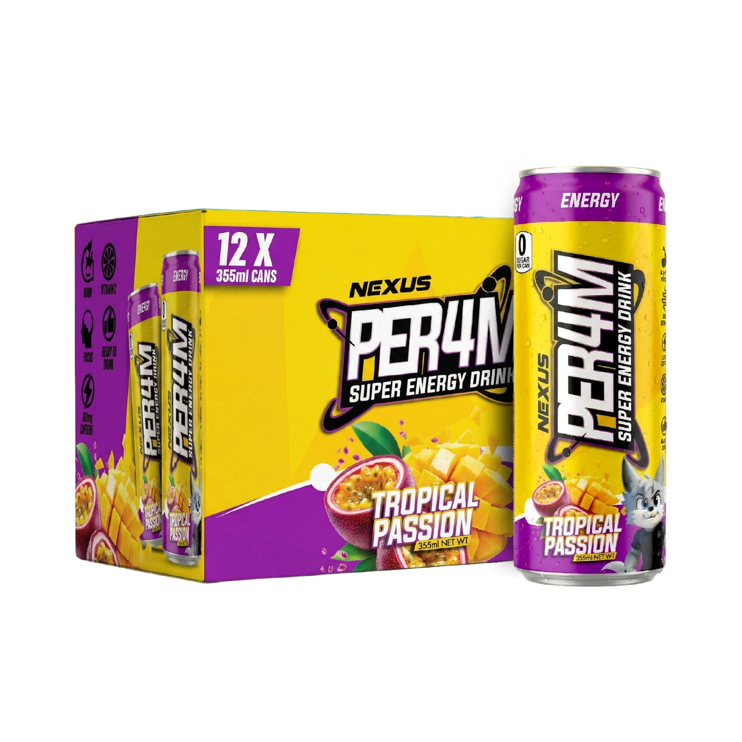NEXUS Per4m Carbonated Super Energy Drink 355ml Tropical Passion - 12 Pack