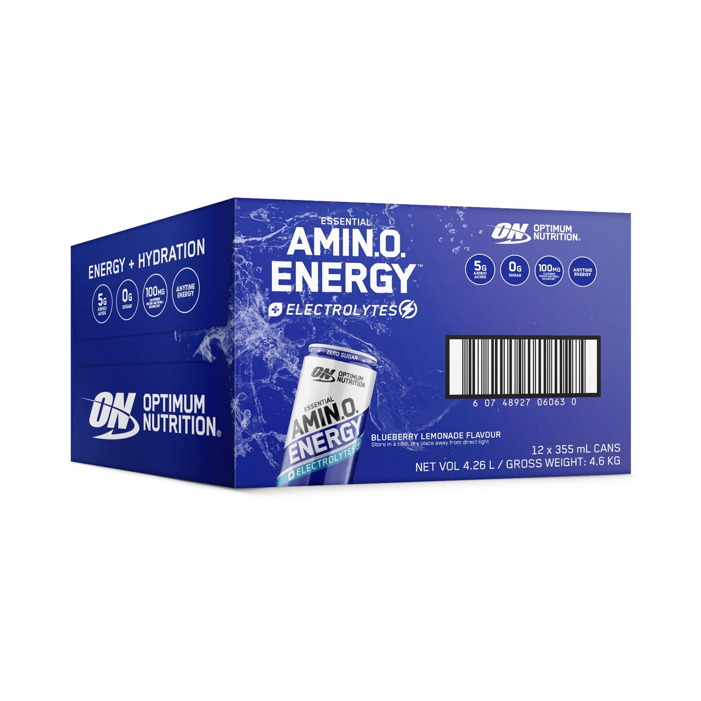 ON Amino Energy Sparkling Energy Drink 355ml Blueberry Lemonade Box