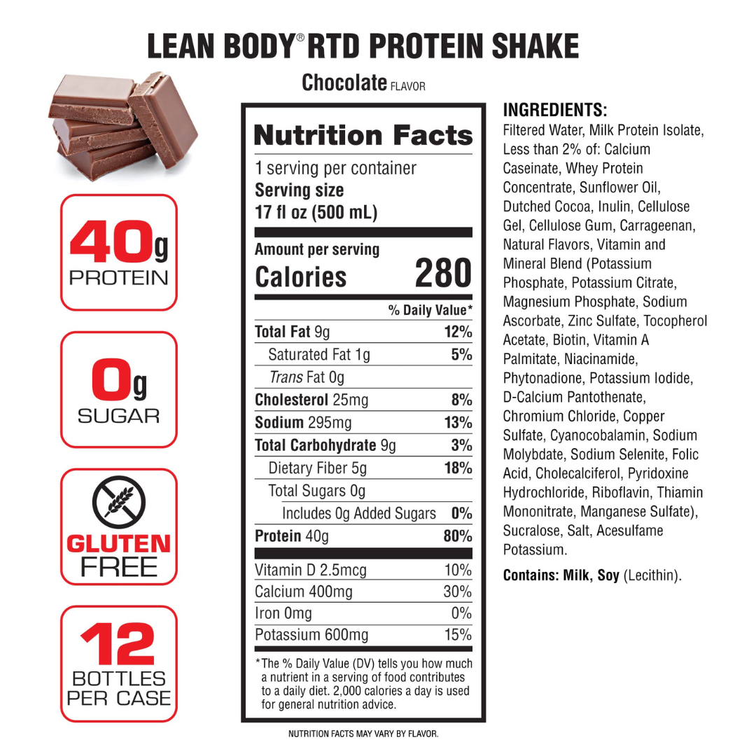 Lean Body 40g Protein RTD 500ml Chocolate - 12 Pack