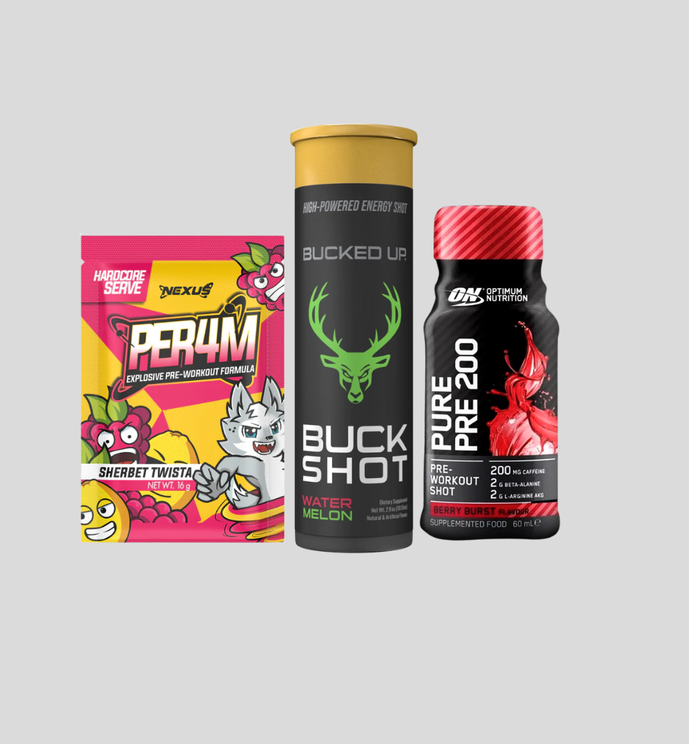 Big range of Pre-work out sachets and shots.