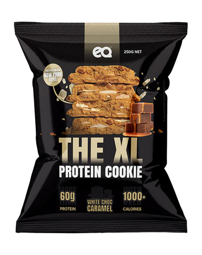 NEW EQ 1000 Calorie XL Protein Cookie 250g White Choc Caramel Fudge - 8 Pack