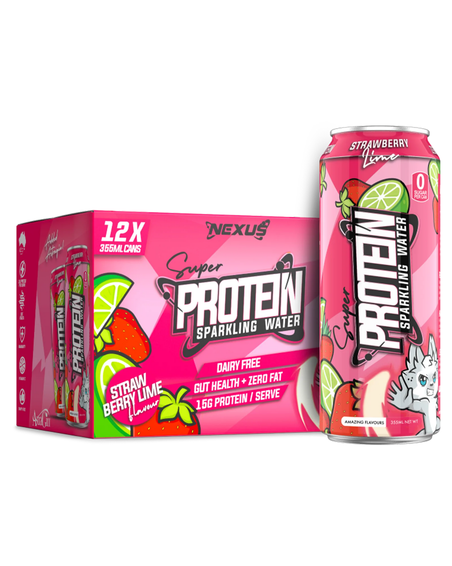 NEXUS Super Protein Sparkling Water 355ml Strawberry Lime - 12 Pack