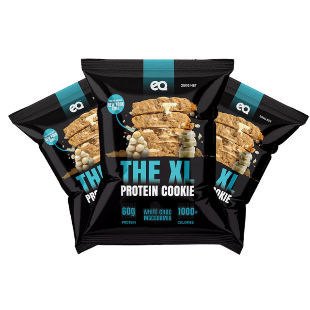 NEW EQ 1000 Calorie XL Protein Cookie 250g White Choc Macadamia - 8 Pack
