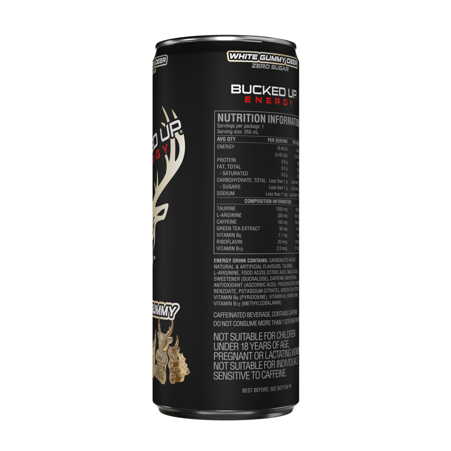 Bucked Up Energy Drink 355ml White Gummy Deer - 12 Pack