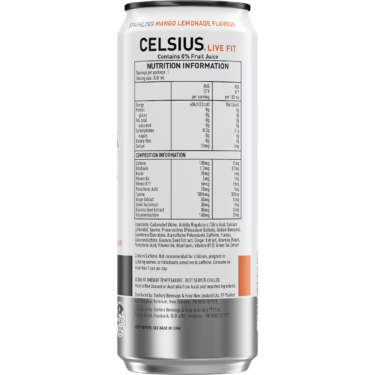 CELSIUS Sugar Free Energy Drink 330ml Mango Lemonade - 24 Pack