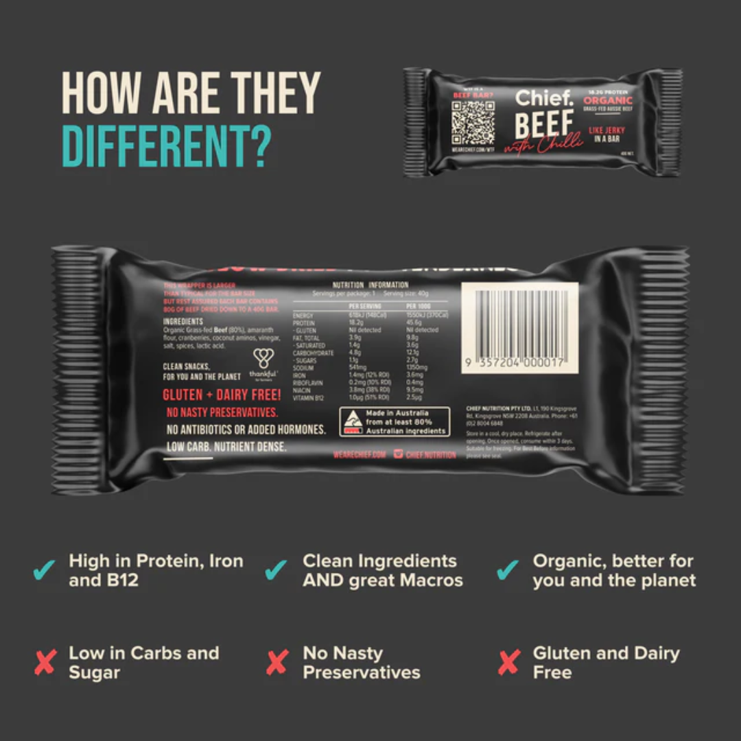 CHIEF Beef with Chilli Protein Bar 40g - 12 Pack