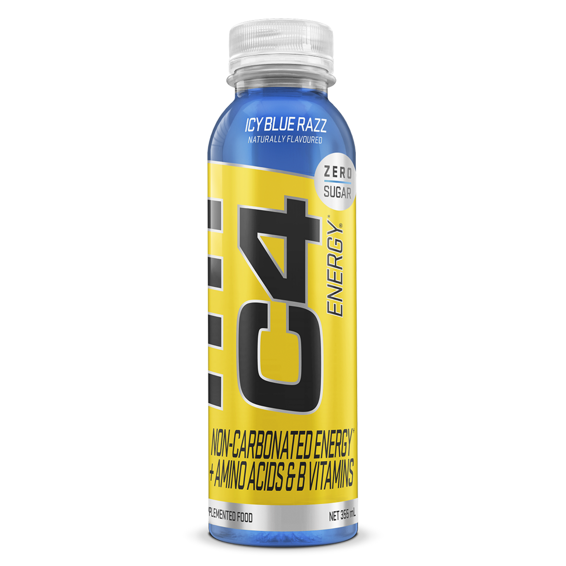 C4 Energy drink bottle with blue and yellow design on a white background