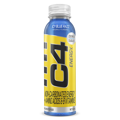 C4 Energy drink bottle with blue and yellow design on a white background
