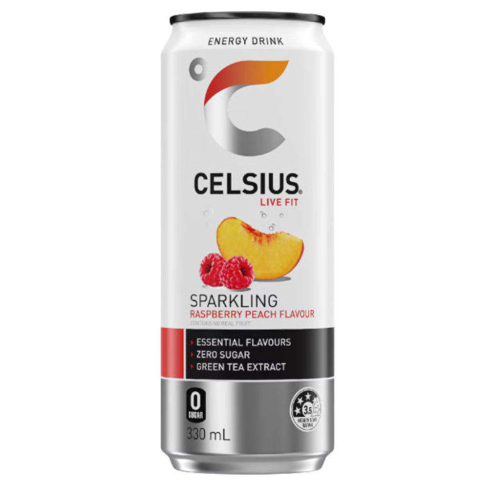 Celsius energy drink can with raspberry and peach flavor on a white background