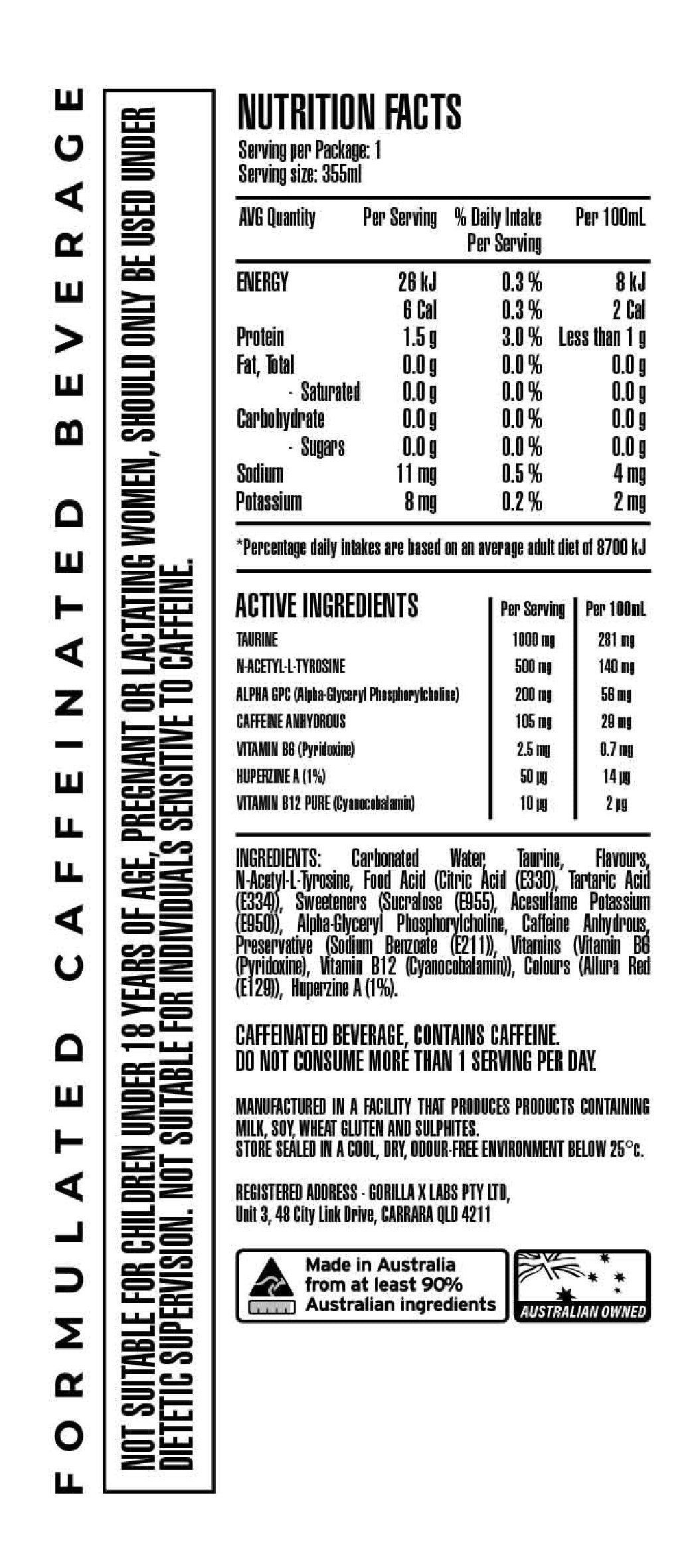 Gorilla X Labs ENERGY RTD 355ml Creaming Soda - 12 Pack