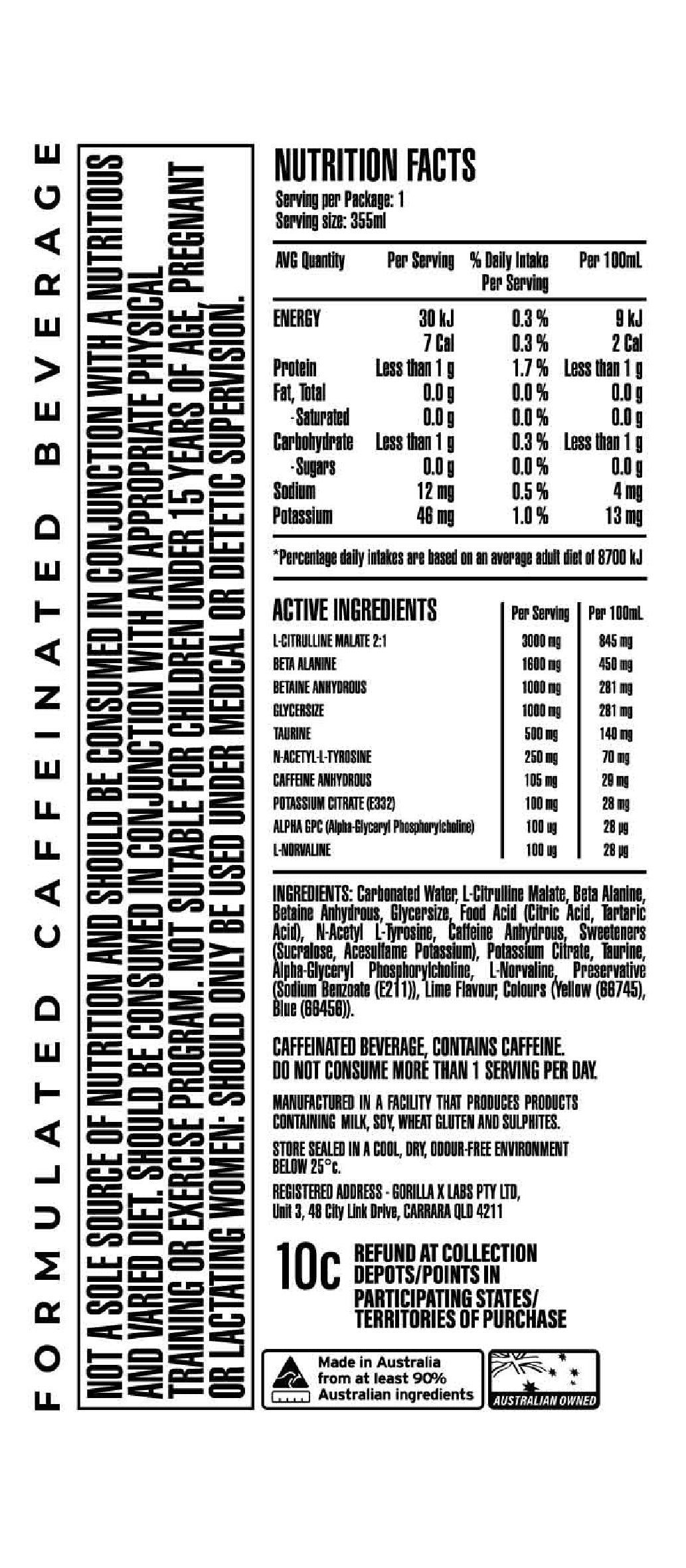 Gorilla X Labs PUMP + Caffeine RTD 355ml Lime Cordial - 12 Pack
