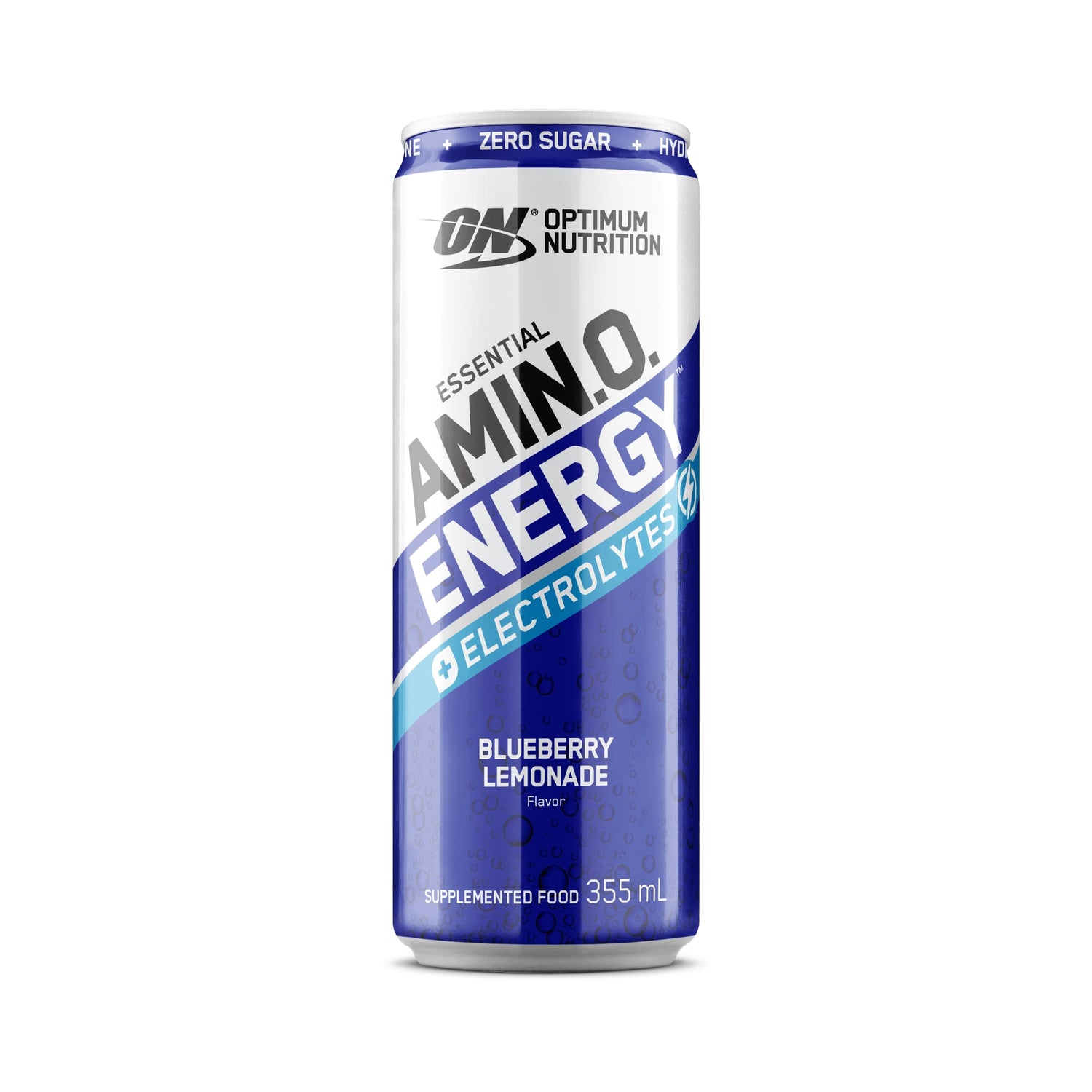 Optimum Nutrition Amino Energy Electrolytes can in blue and white on a white background