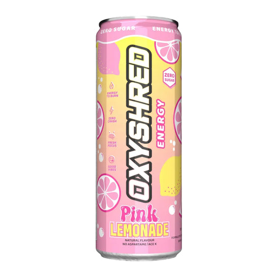 Oxyshred Pink Lemonade energy drink can on a white background