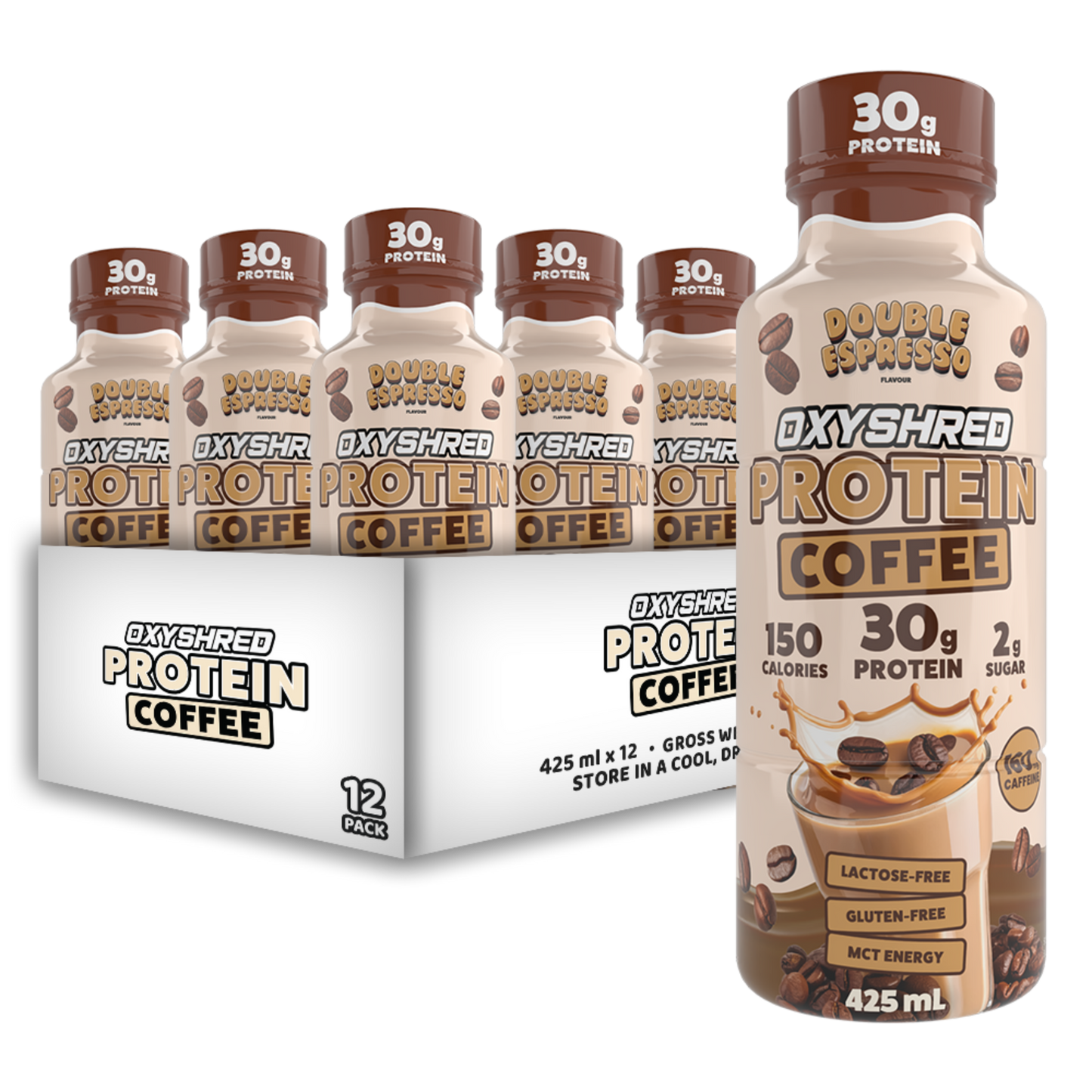 Oxyshred Protein Coffee bottles with packaging on a white background