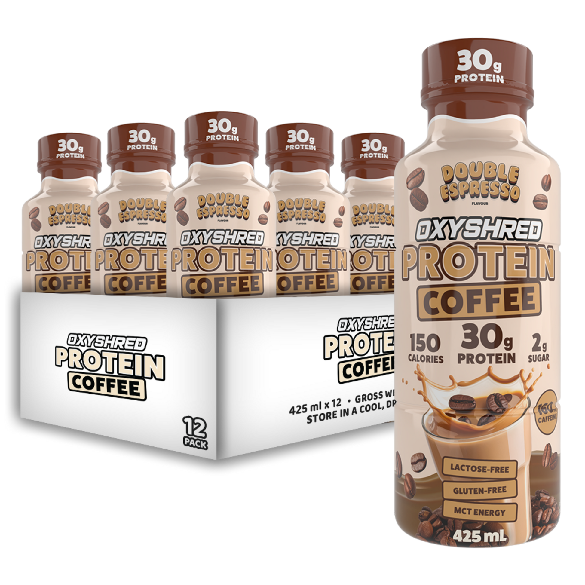 Oxyshred Protein Coffee bottles with packaging on a white background