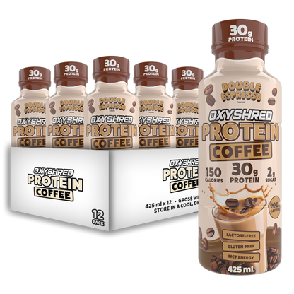 Oxyshred Protein Coffee bottles with packaging on a white background