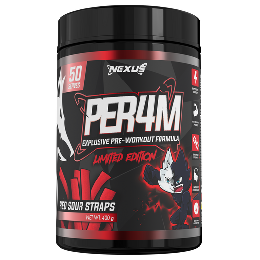 NEXUS Perf4m Pre Workout 50 serve Red Sour Straps