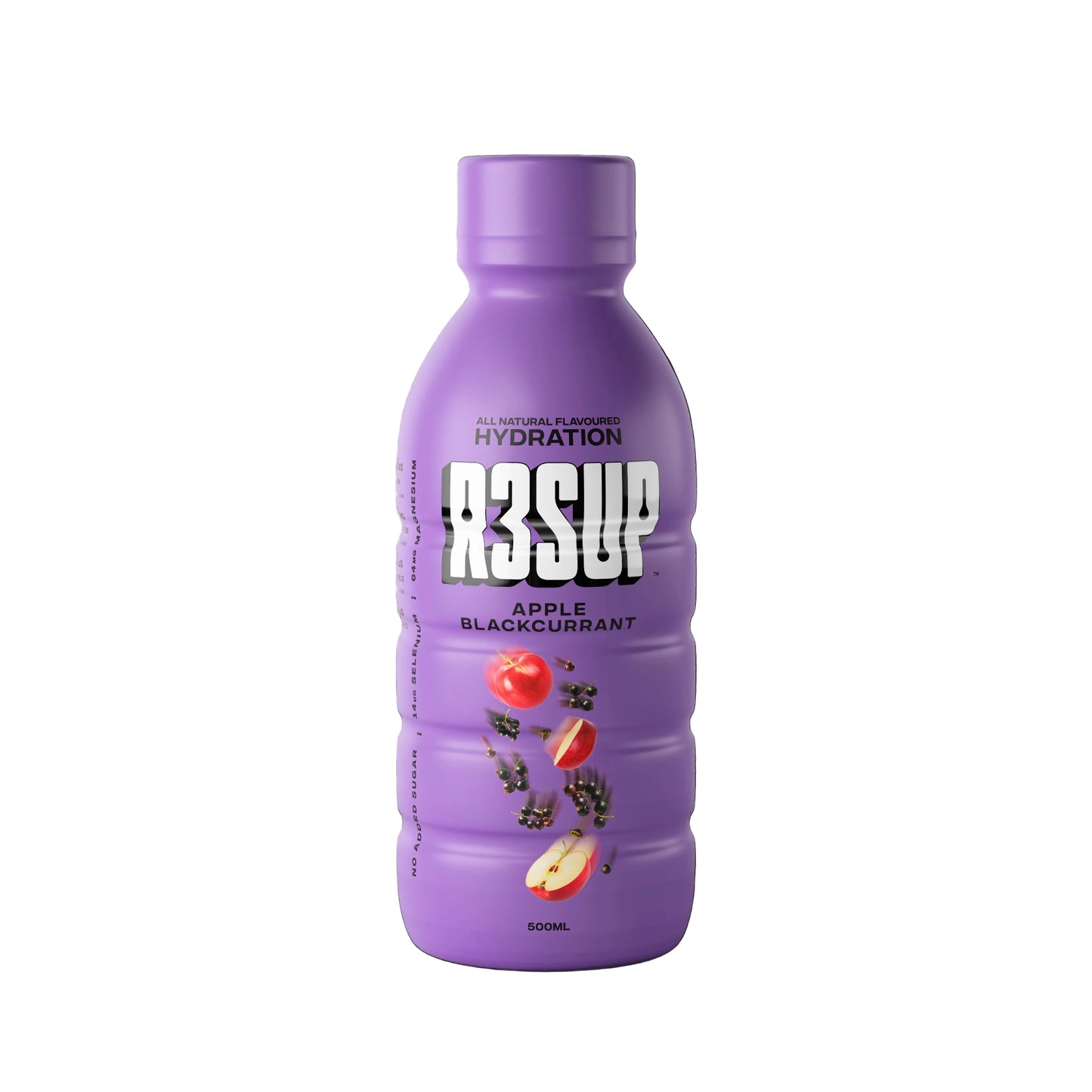 Purple bottle of R3SUP hydration drink on a black background