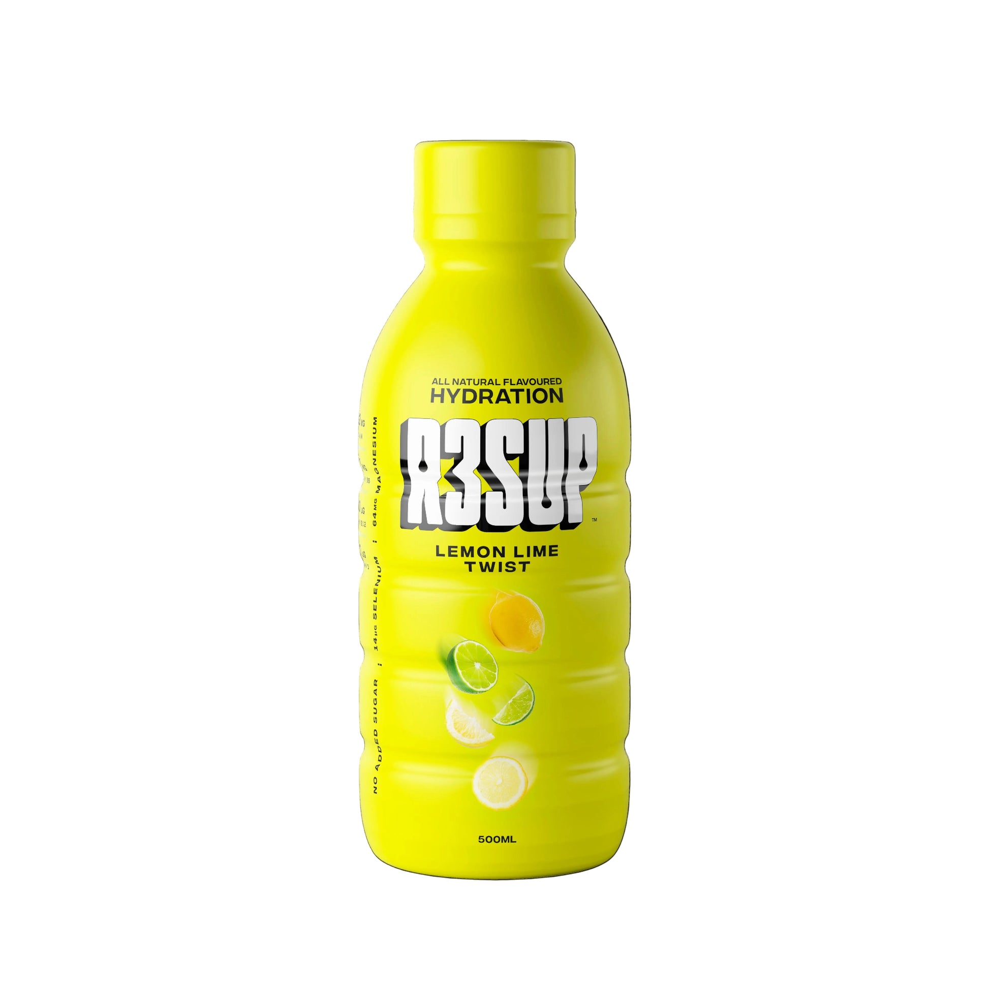 Yellow R3SUP lemon lime twist bottle on a black background