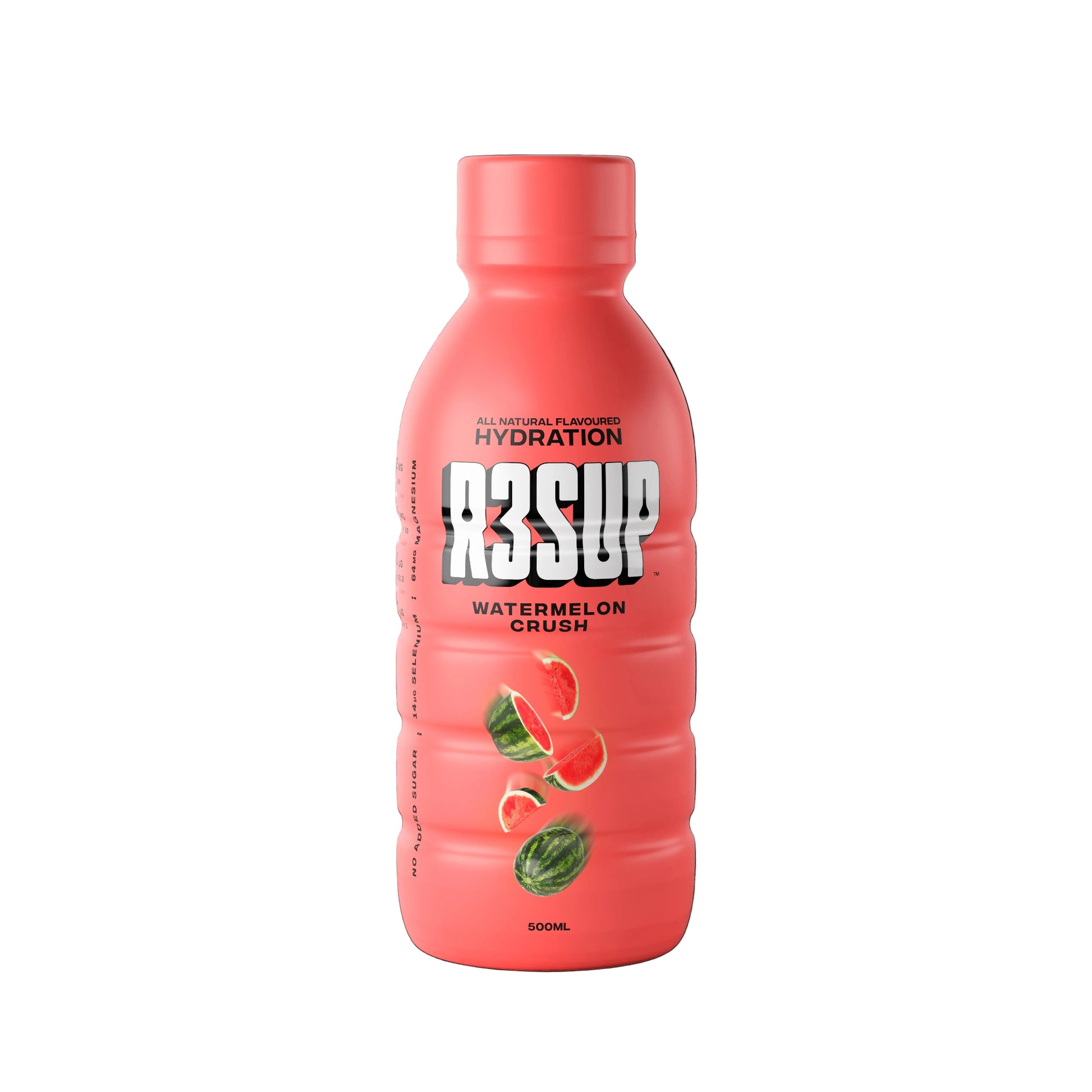 Pink bottle of R3SUP Watermelon Crush on a black background