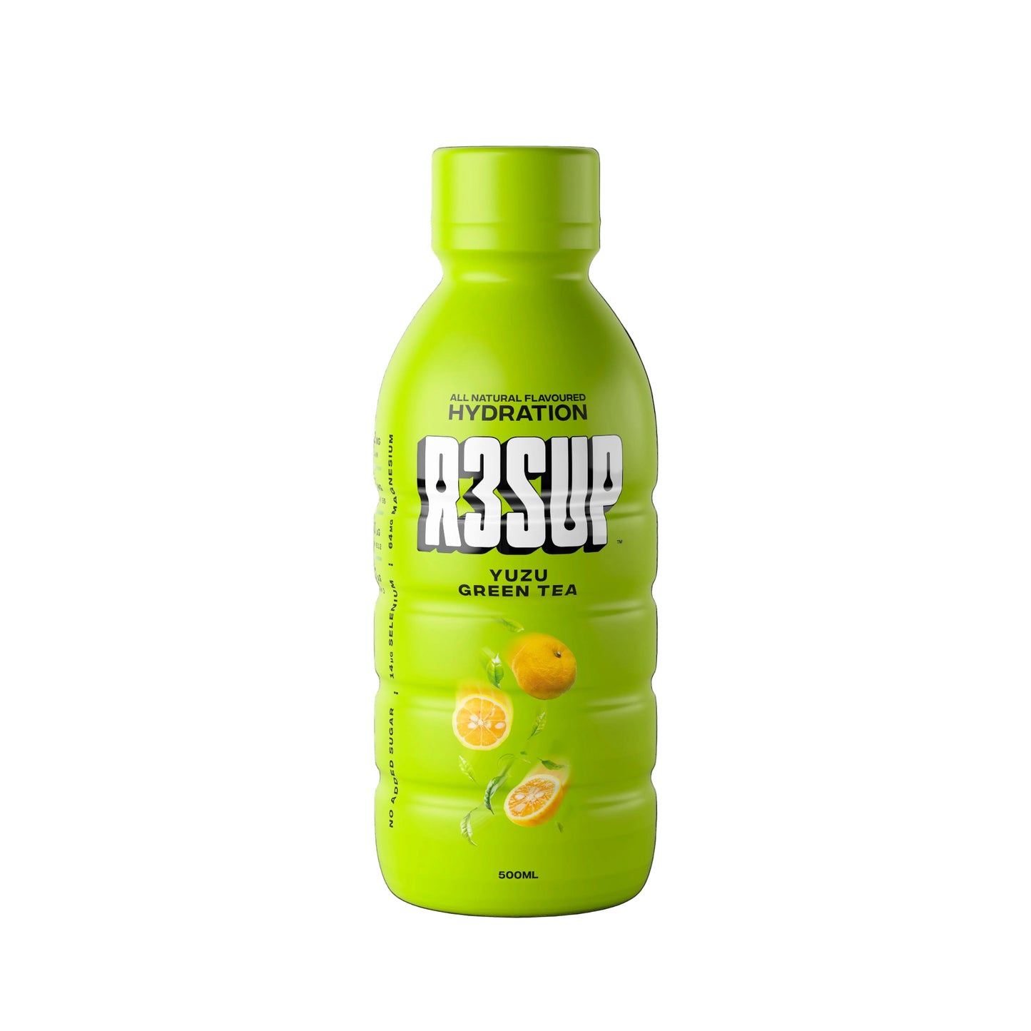 Green bottle of R3SUP Yuzu Green Tea on a black background