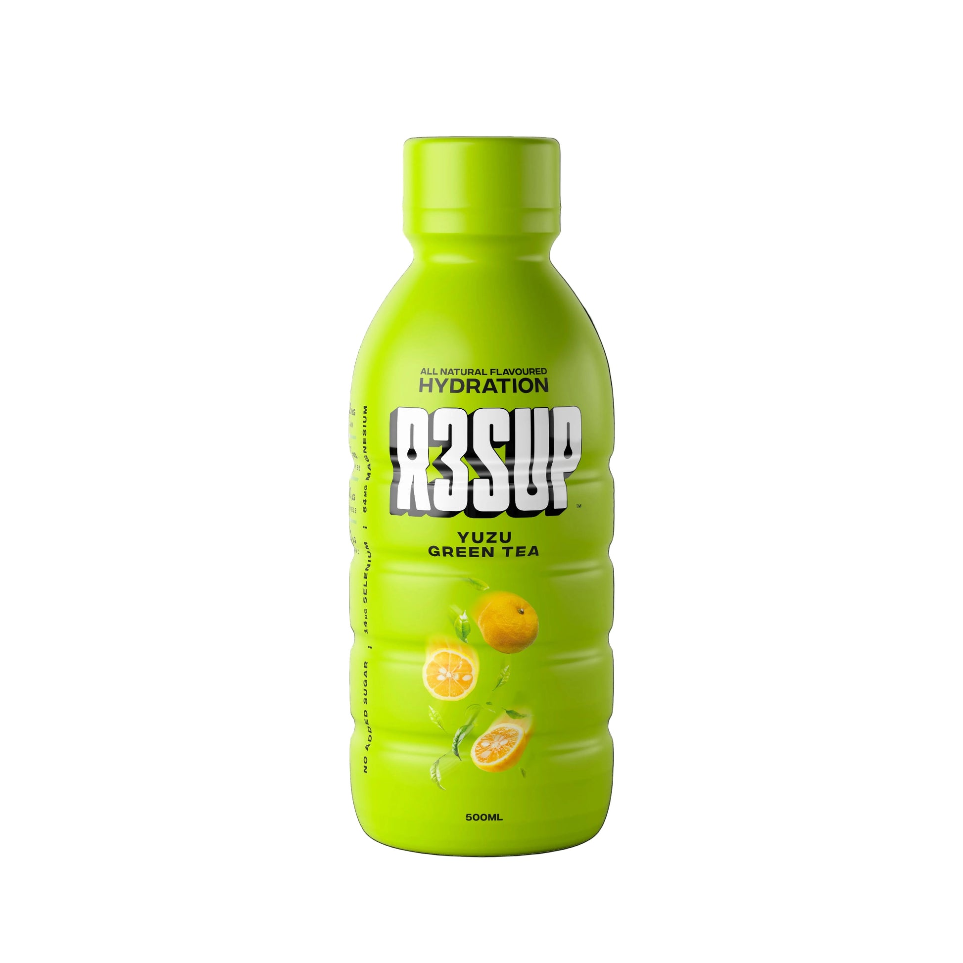 Green bottle of R3SUP Yuzu Green Tea on a black background