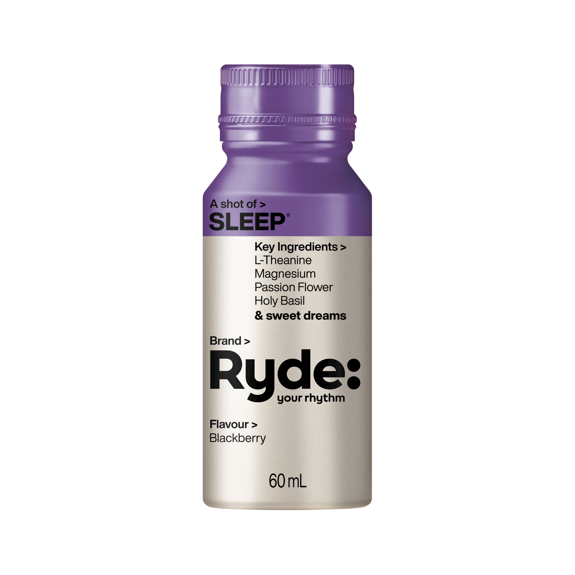 Ryde sleep supplement bottle with purple cap and white label on a white background