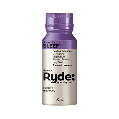 Ryde sleep supplement bottle with purple cap and white label on a white background