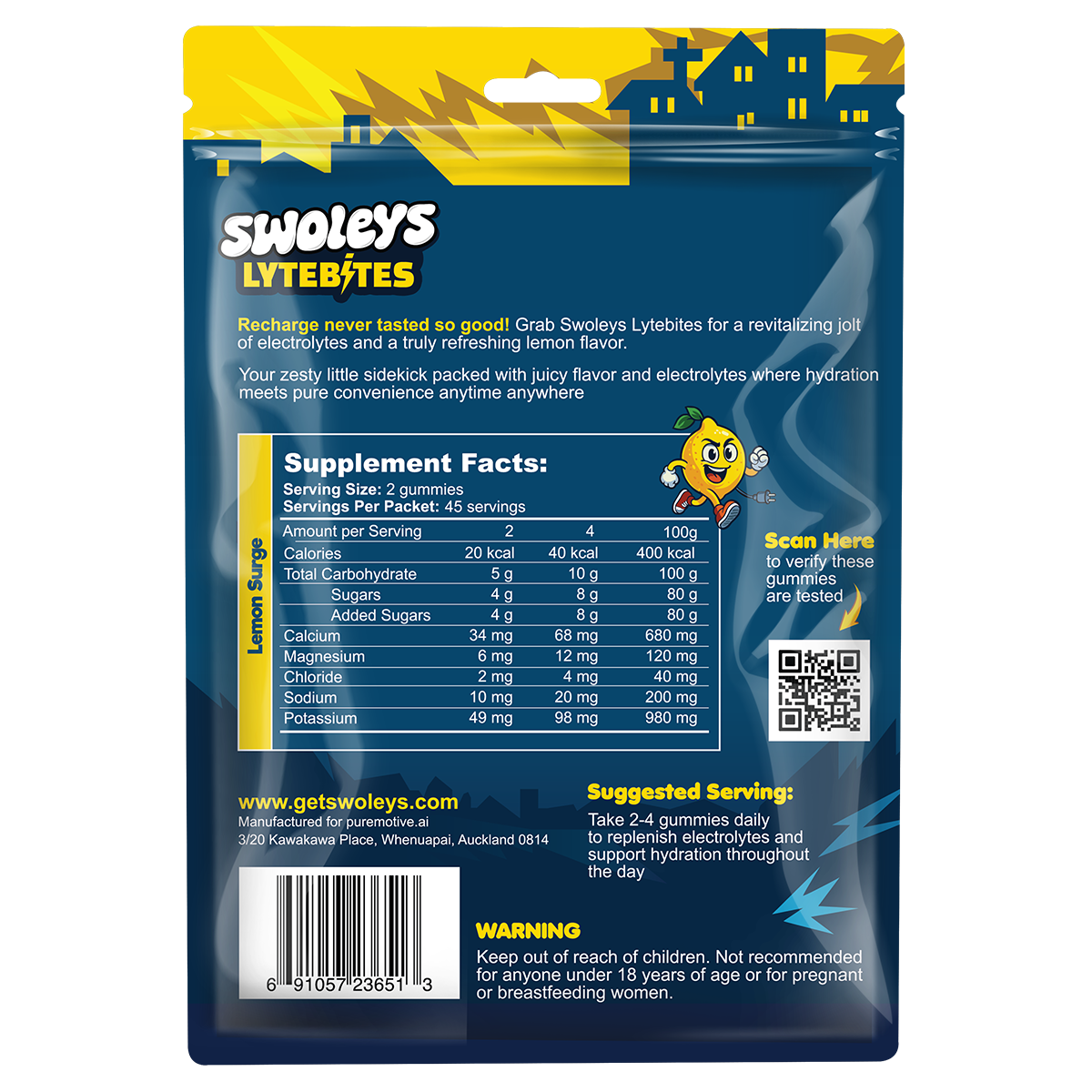 Swoleys Lytebites Electrolyte Gummies 45 serves Lemon Surge