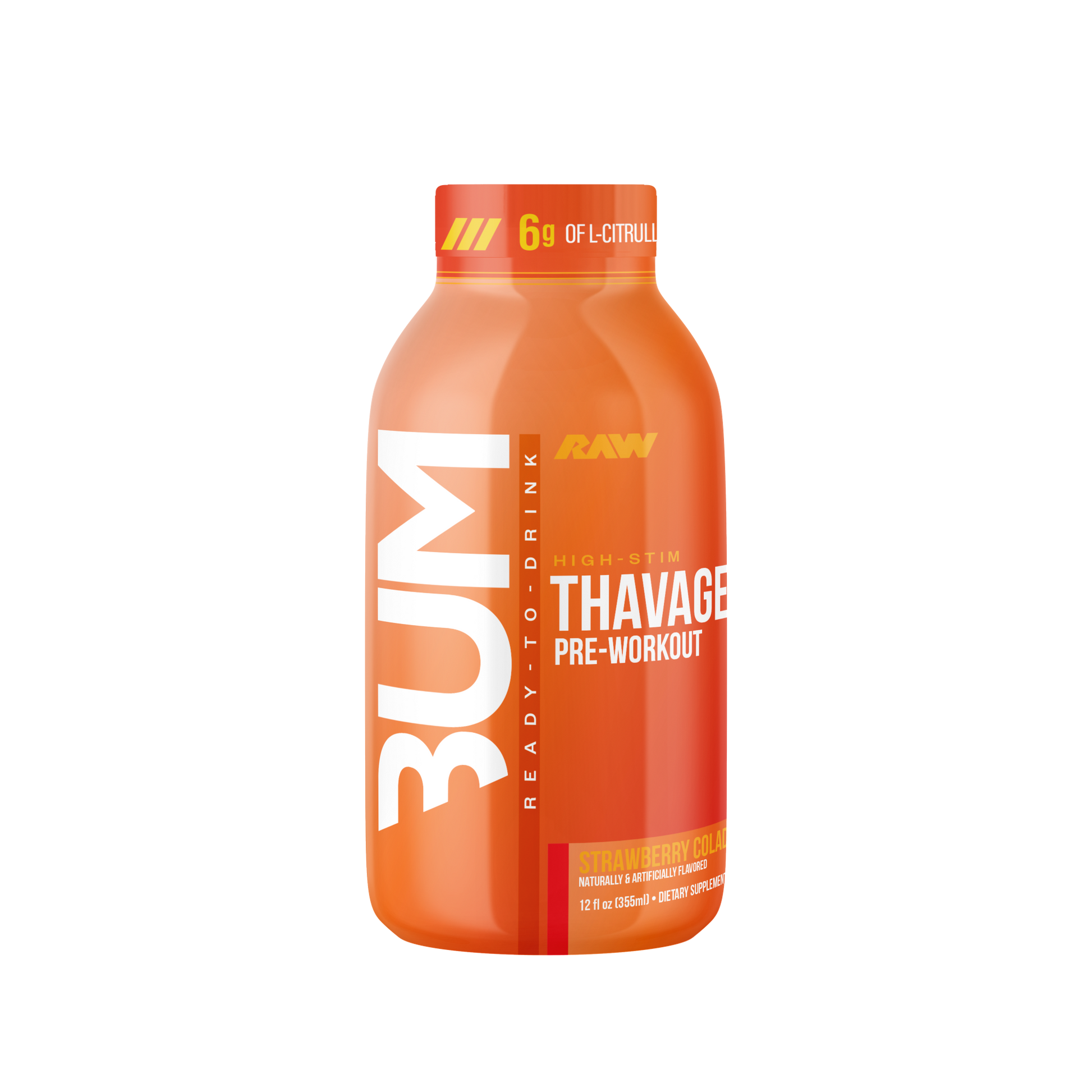 Orange pre-workout supplement bottle with '3UM' branding on a white background