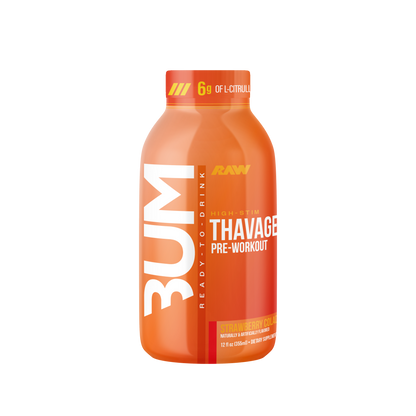 Orange pre-workout supplement bottle with '3UM' branding on a white background