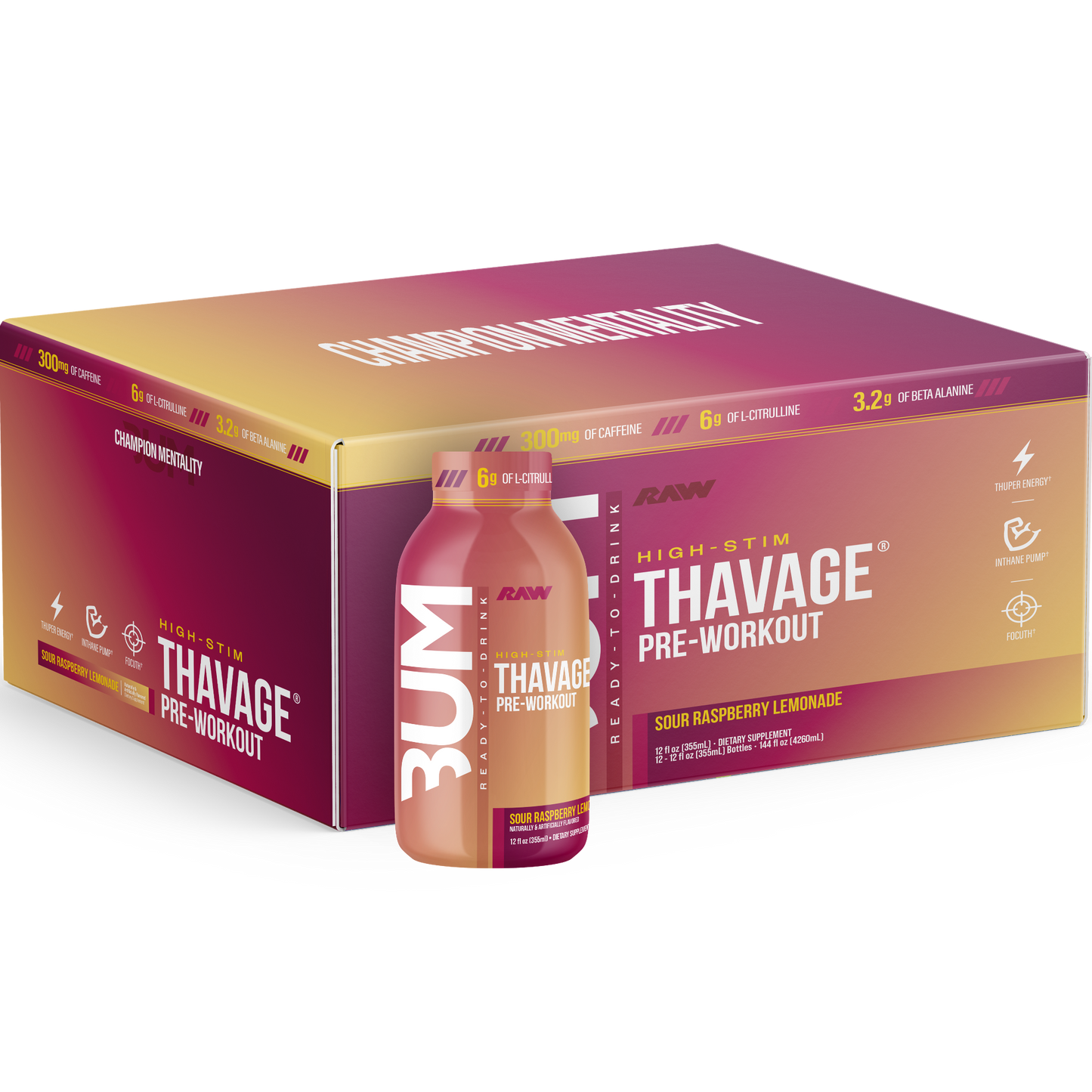 Box of Thavage pre-workout supplement with a bottle on a white background