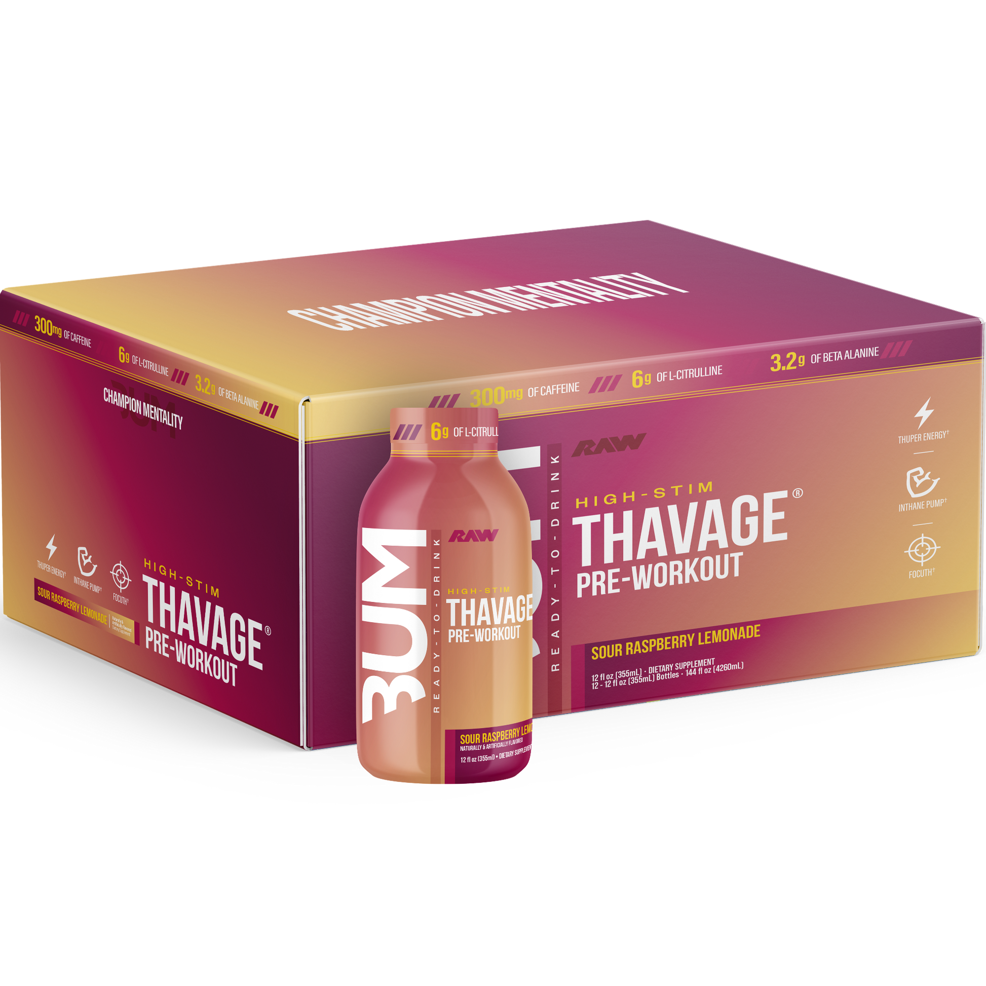 Box of Thavage pre-workout supplement with a bottle on a white background
