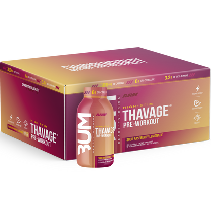 Box of Thavage pre-workout supplement with a bottle on a white background