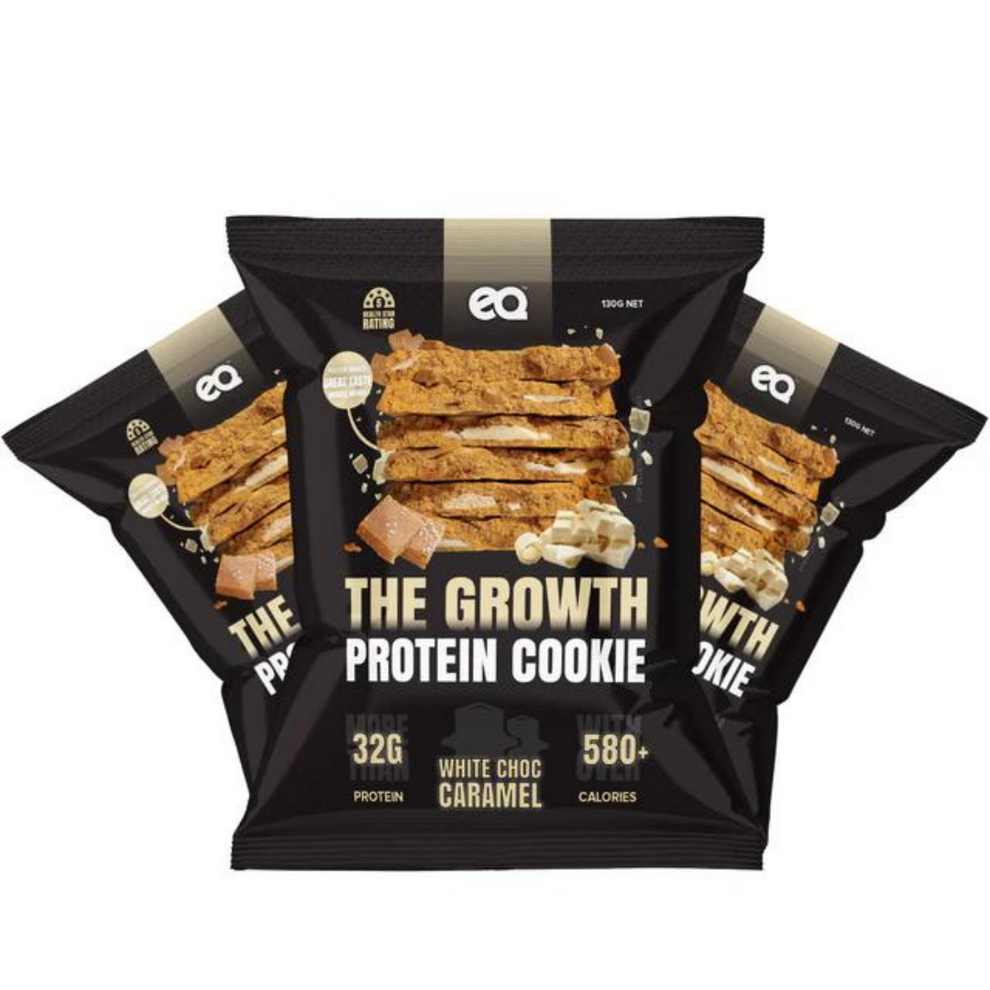 NEW EQ Growth Protein Cookie 130g White Choc Caramel Fudge - 12 Pack ...