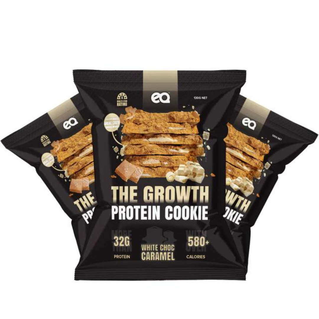 NEW EQ Growth Protein Cookie 130g White Choc Caramel Fudge - 12 Pack