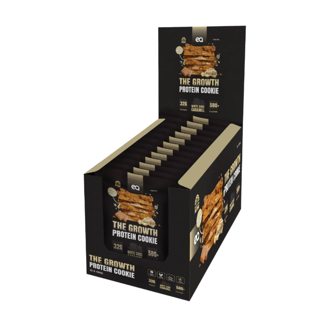 NEW EQ Growth Protein Cookie 130g White Choc Caramel Fudge - 12 Pack