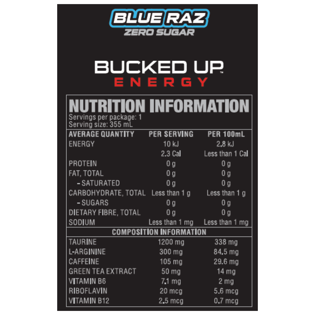 Bucked Up Energy Drink 355ml Blue Raz - 12 Pack