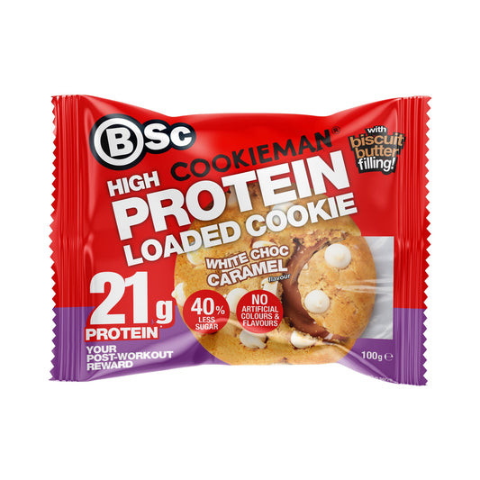 BSc x Cookieman High Protein Loaded Cookie 100g White Choc Caramel Packet Front
